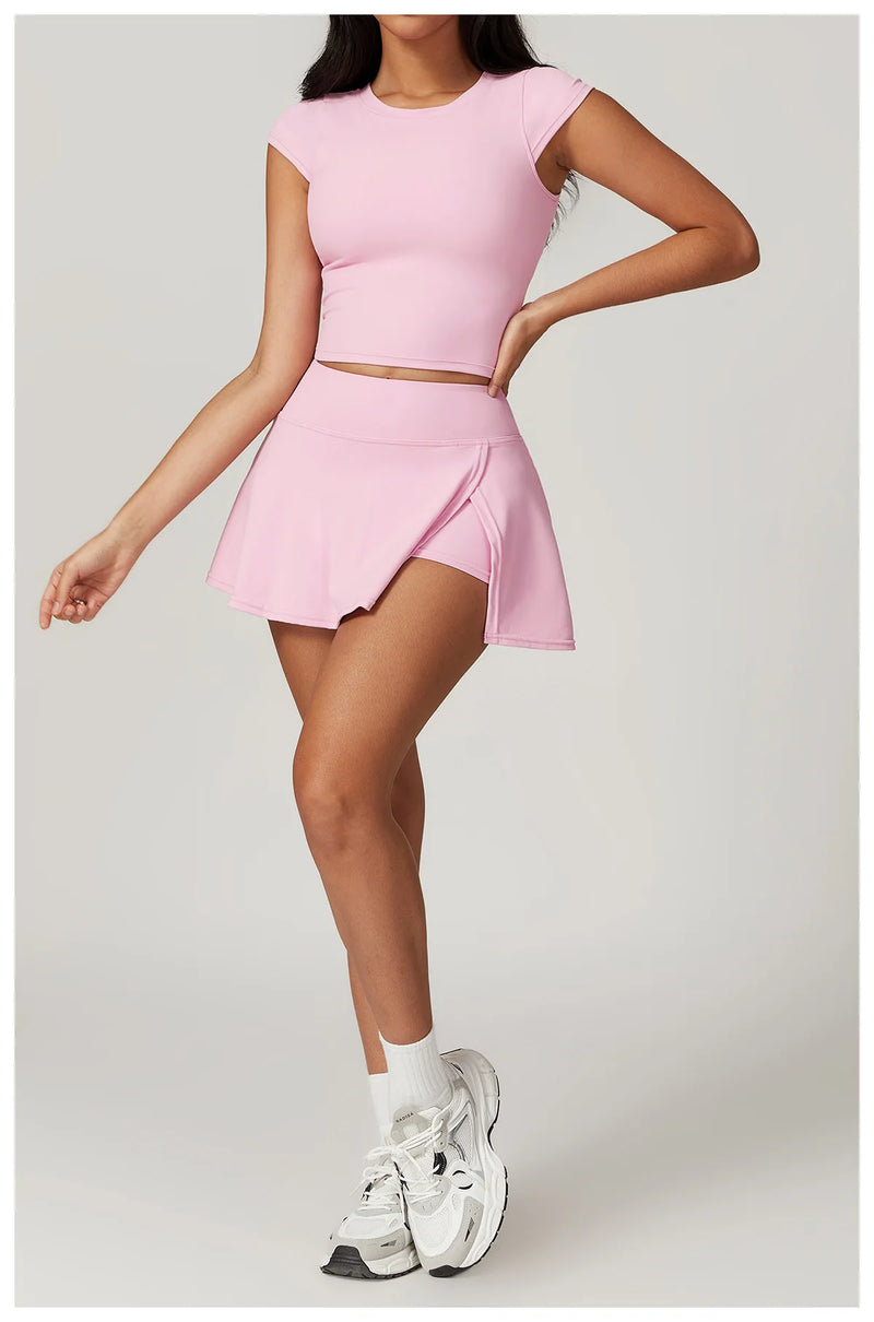 Short Sleeved Crop Top & High Waist Skort Set