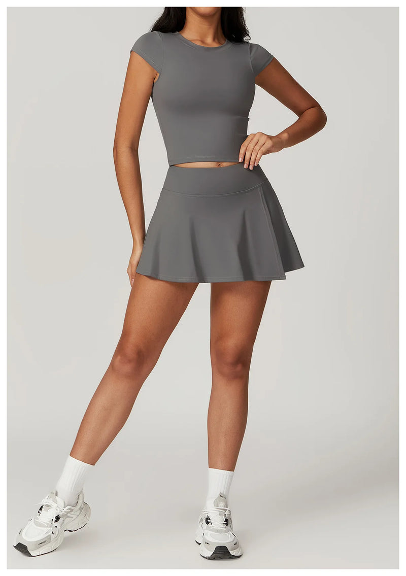 Short Sleeved Crop Top & High Waist Skort Set