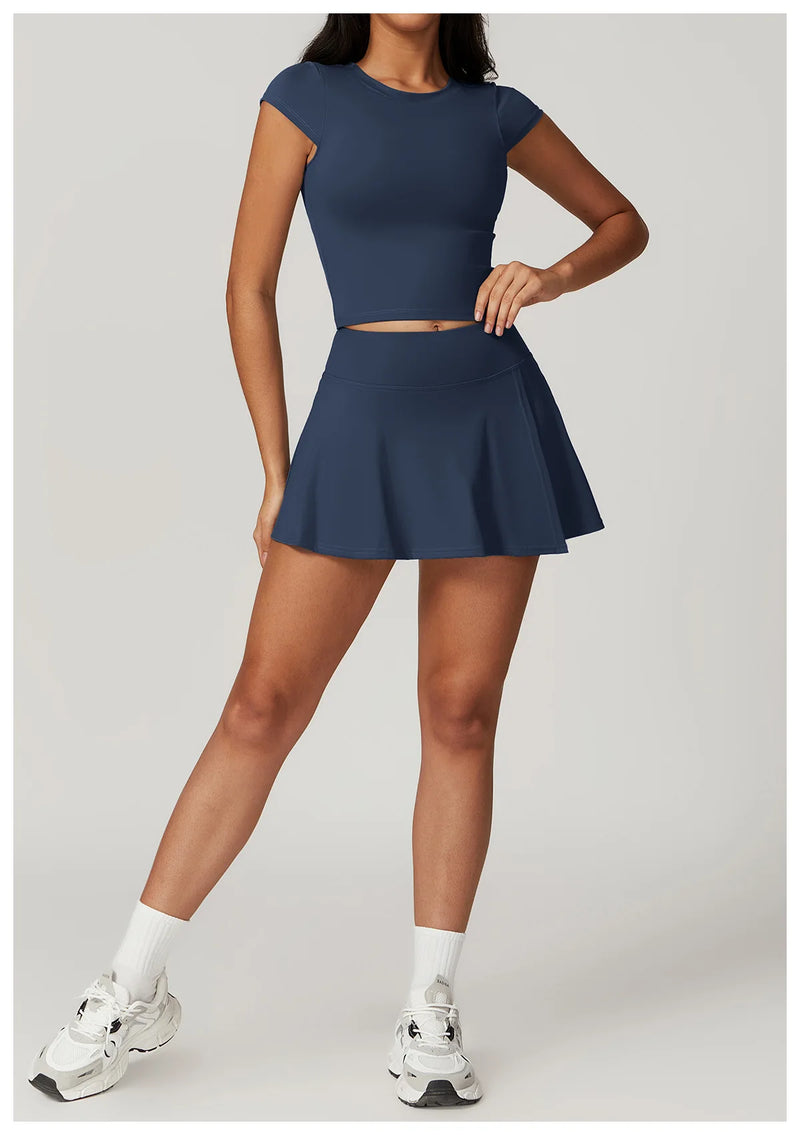 Short Sleeved Crop Top & High Waist Skort Set