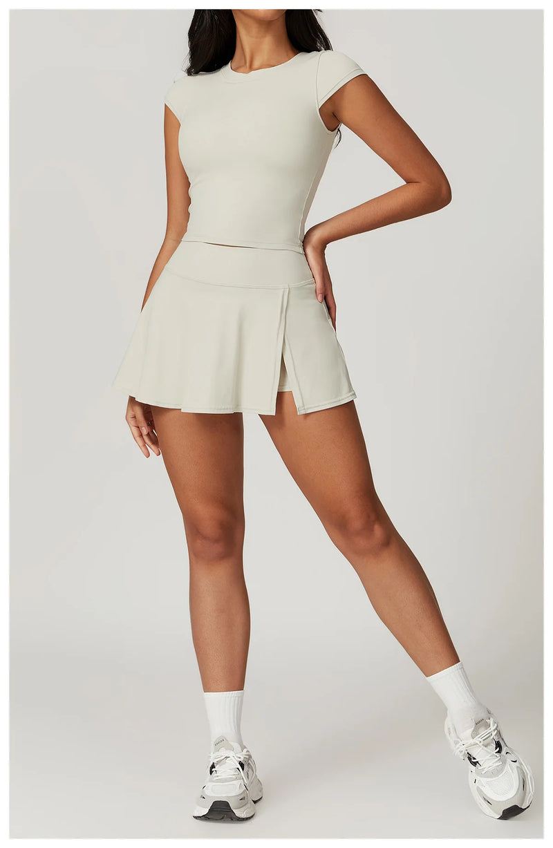 Short Sleeved Crop Top & High Waist Skort Set