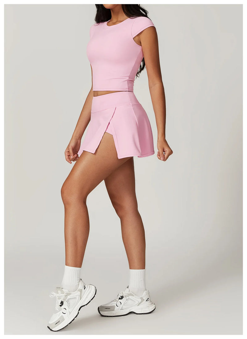 Short Sleeved Crop Top & High Waist Skort Set